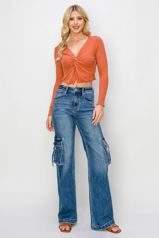 Dame Cargo Bukser Høy Midje Bred Jeans 5