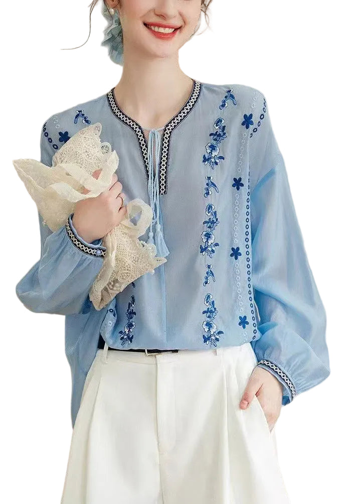 Dame Chiffon-skjorte med blonder og lange ermer 0