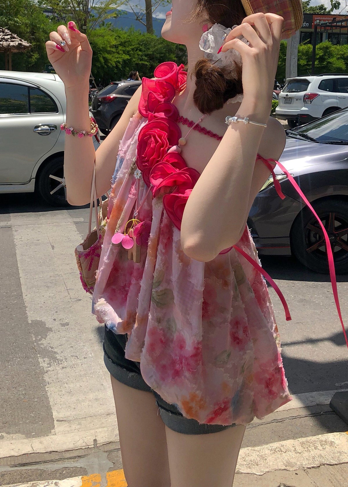 Dame Chiffon Topp Med En Skulder Blomstermønster Ermeløs 3