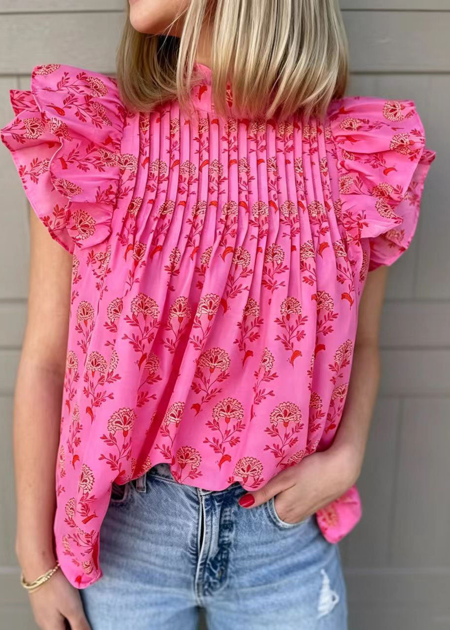 Dame Chiffonskjorte med Fransk Rose og Sommerfuglmønster 3