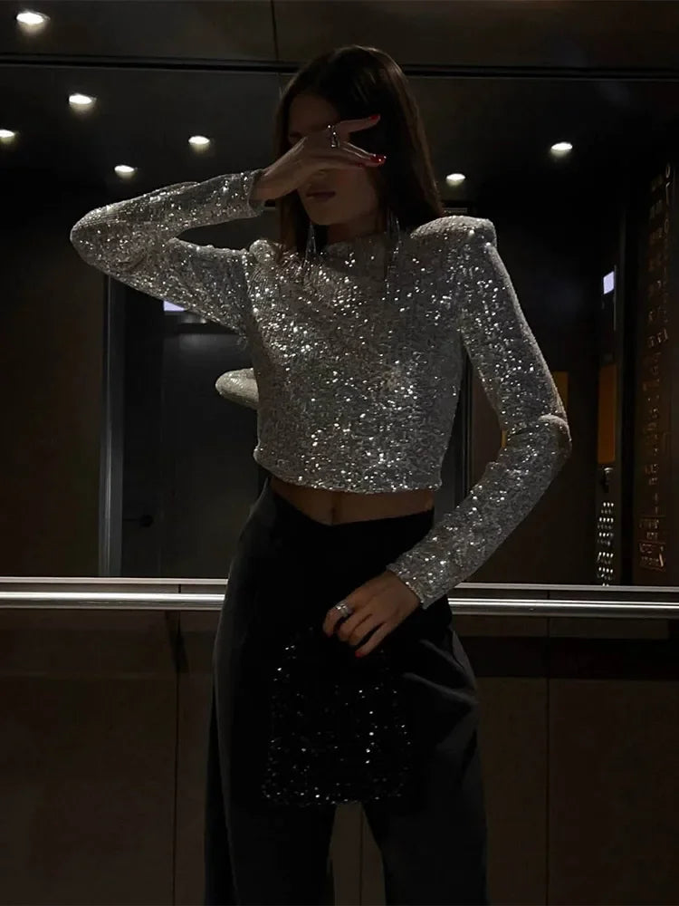 Dame Cropped Top med Paljetter Tett Passform 1