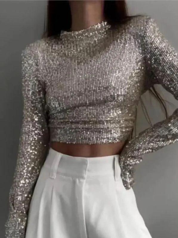 Dame Cropped Top med Paljetter Tett Passform 2