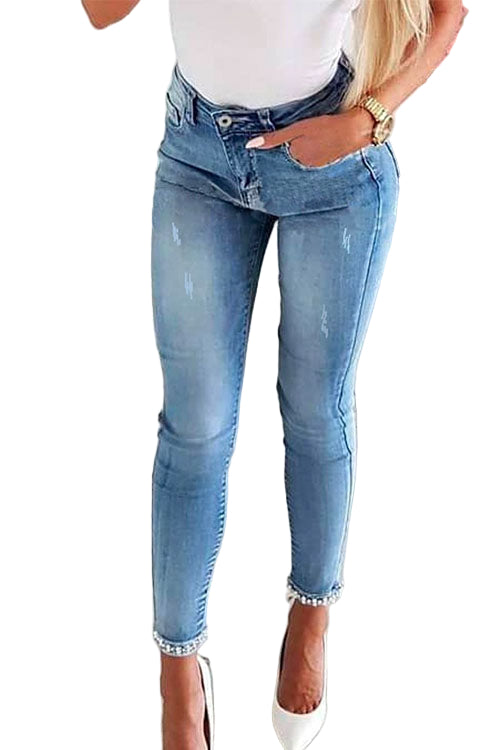 Dame Denim Bukser med Sløyfeknute og Perler 1