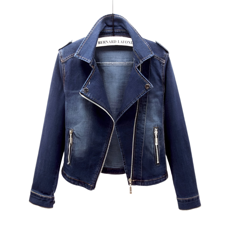 Dame Denim Jakke Asymmetrisk Glidelås Solid Vevd Tekstur 0