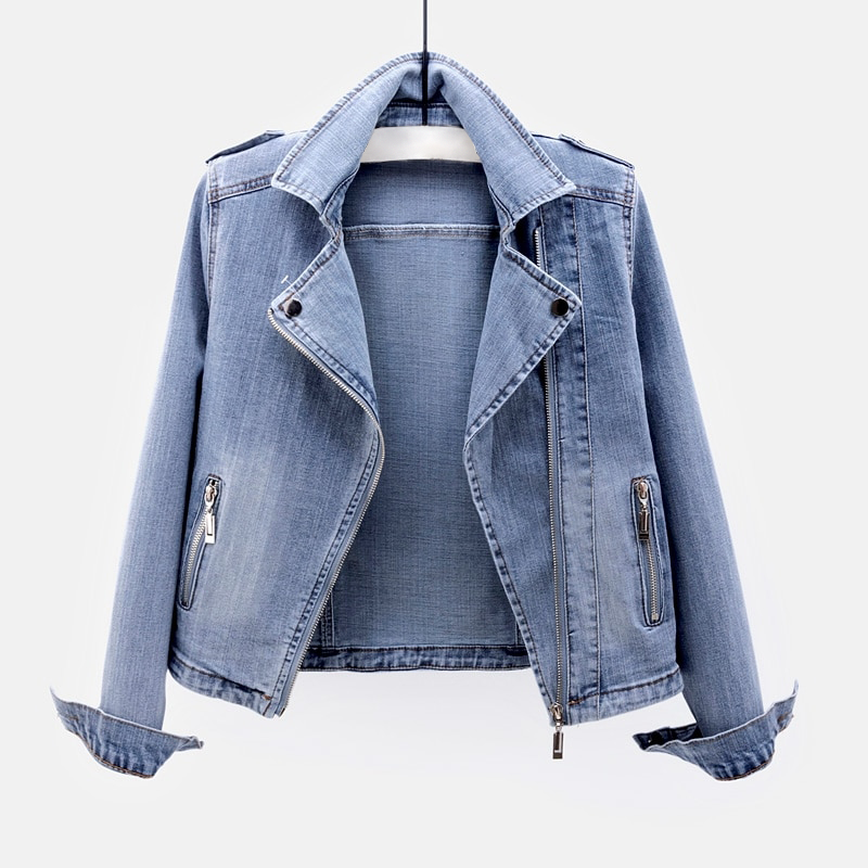 Dame Denim Jakke Asymmetrisk Glidelås Solid Vevd Tekstur 1