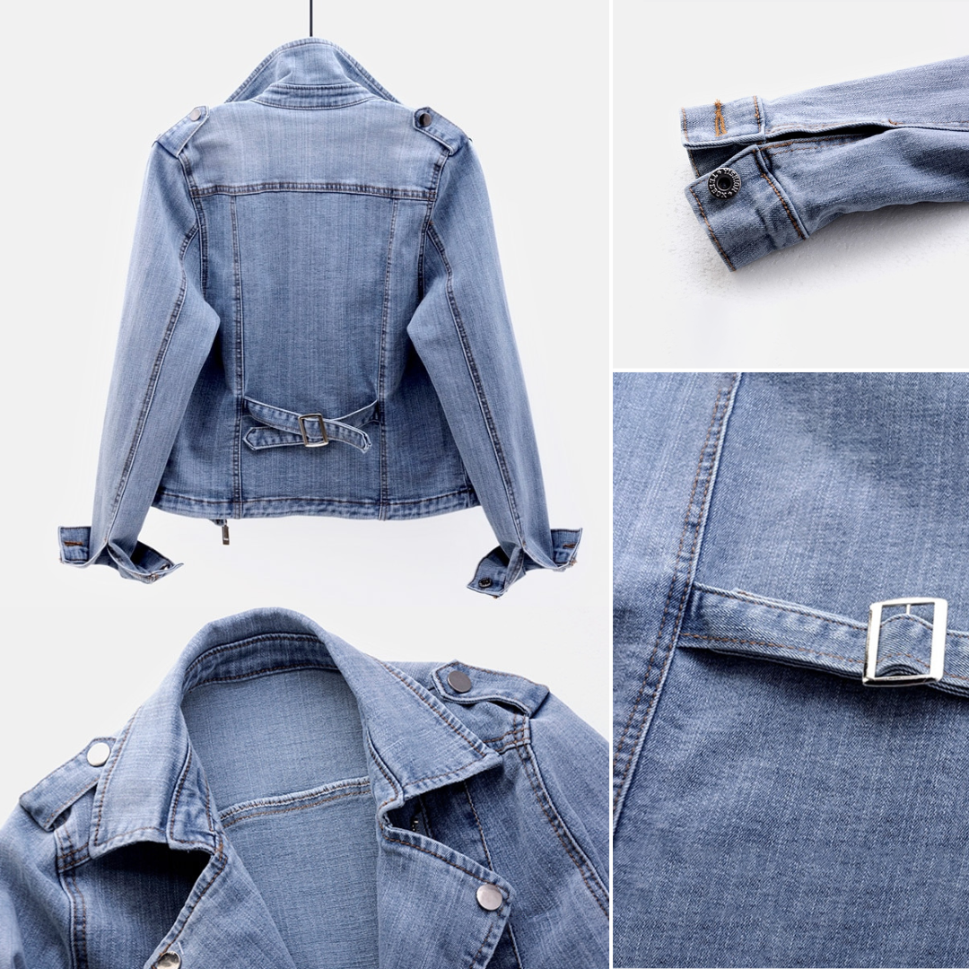 Dame Denim Jakke Asymmetrisk Glidelås Solid Vevd Tekstur 3
