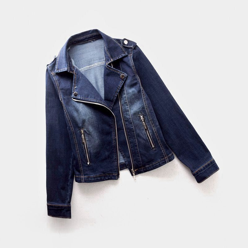 Dame Denim Jakke Asymmetrisk Glidelås Solid Vevd Tekstur 5