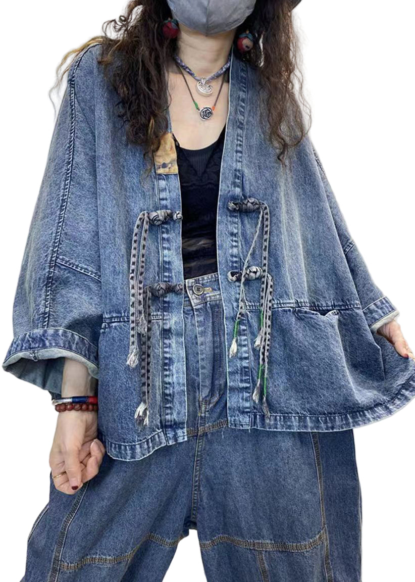 Dame Denim Jakke V-hals Lange Ermer Patchwork Design 0
