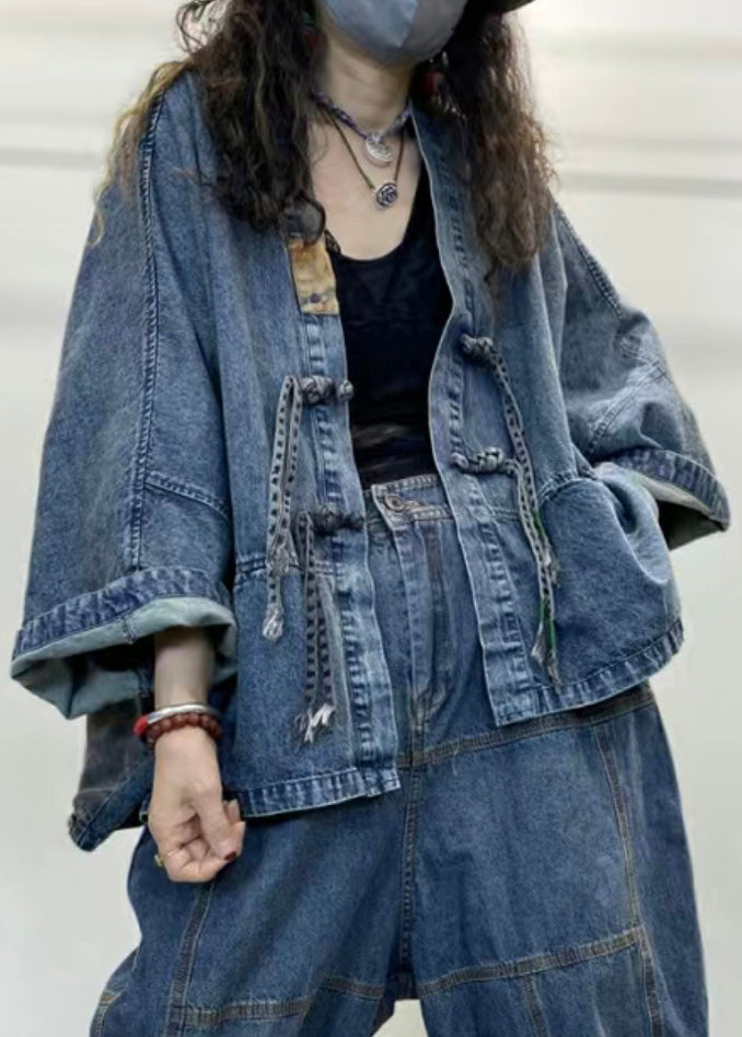 Dame Denim Jakke V-hals Lange Ermer Patchwork Design 2