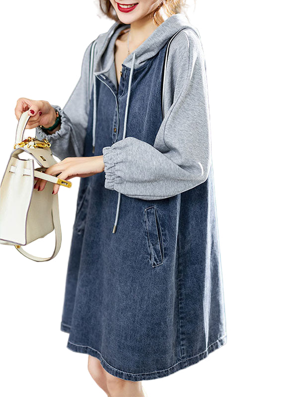 Dame Denim Mid Dress med Hette og Lommer 0