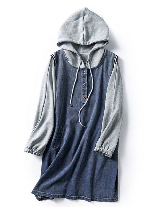 Dame Denim Mid Dress med Hette og Lommer 3