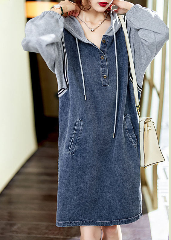Dame Denim Mid Dress med Hette og Lommer 4