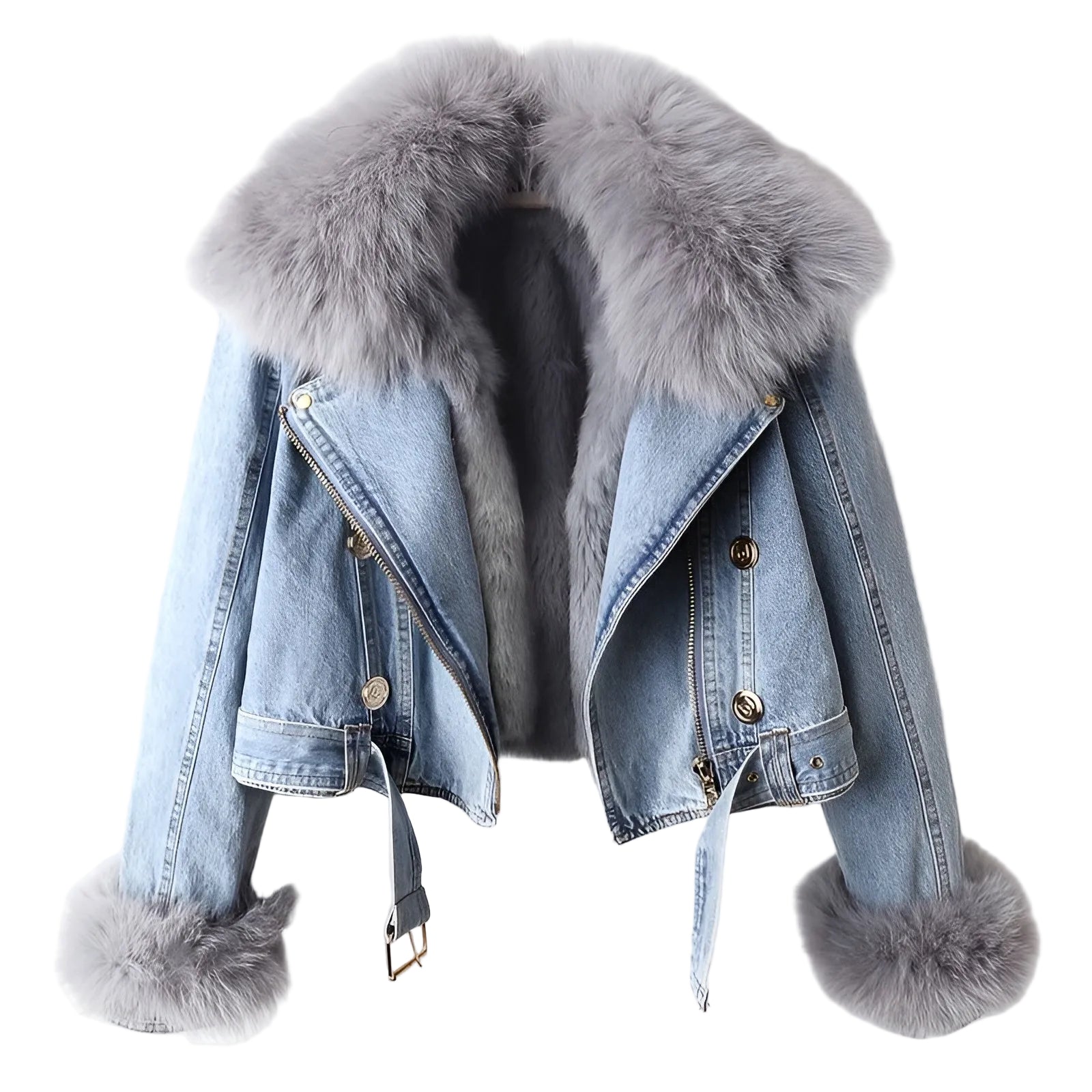 Dame Denimjakke Biker Med Avtakbar Pelskrage 0