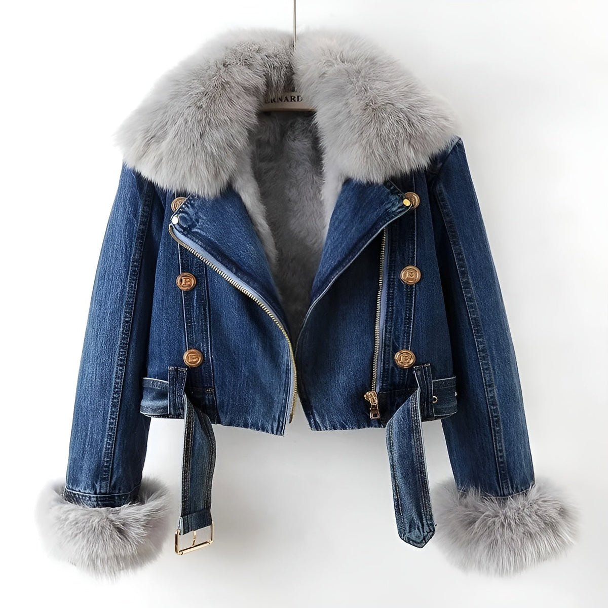 Dame Denimjakke Biker Med Avtakbar Pelskrage 1