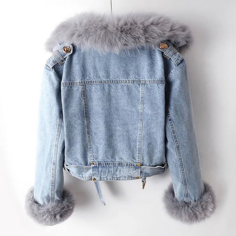 Dame Denimjakke Biker Med Avtakbar Pelskrage 2