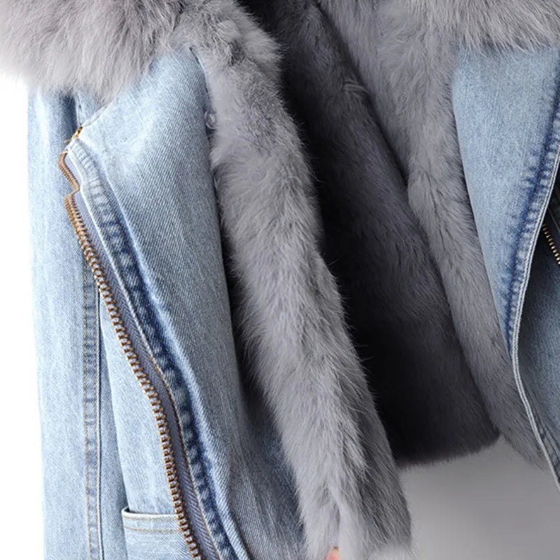 Dame Denimjakke Biker Med Avtakbar Pelskrage 5