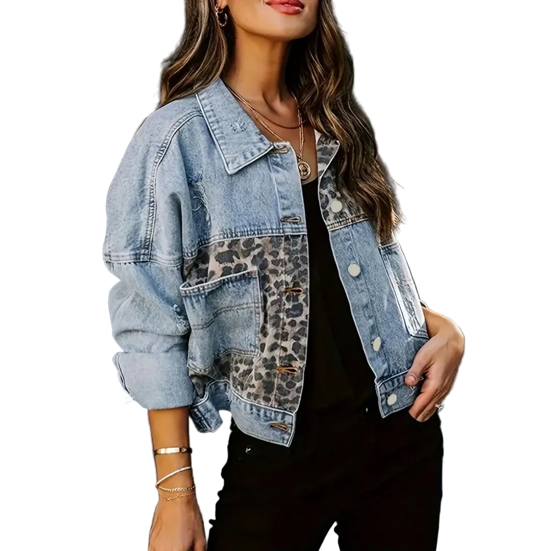 Dame Denimjakke Leopardprint Moderne 0