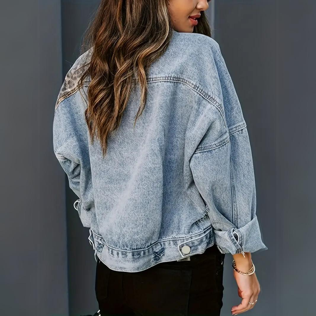 Dame Denimjakke Leopardprint Moderne 3