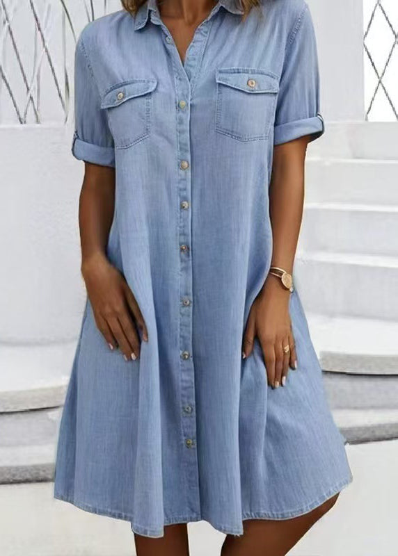 Dame Denimkjole med Peter Pan Krage og Lommer 0