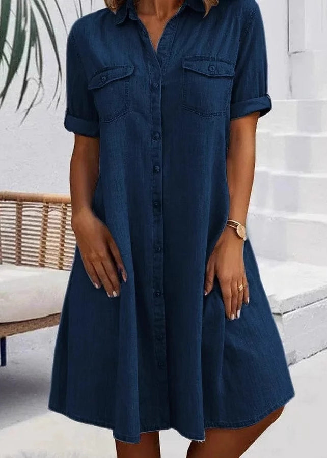 Dame Denimkjole med Peter Pan Krage og Lommer 1