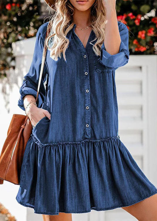 Dame Denimkjole med Rysjekrage og Sommerstil 0