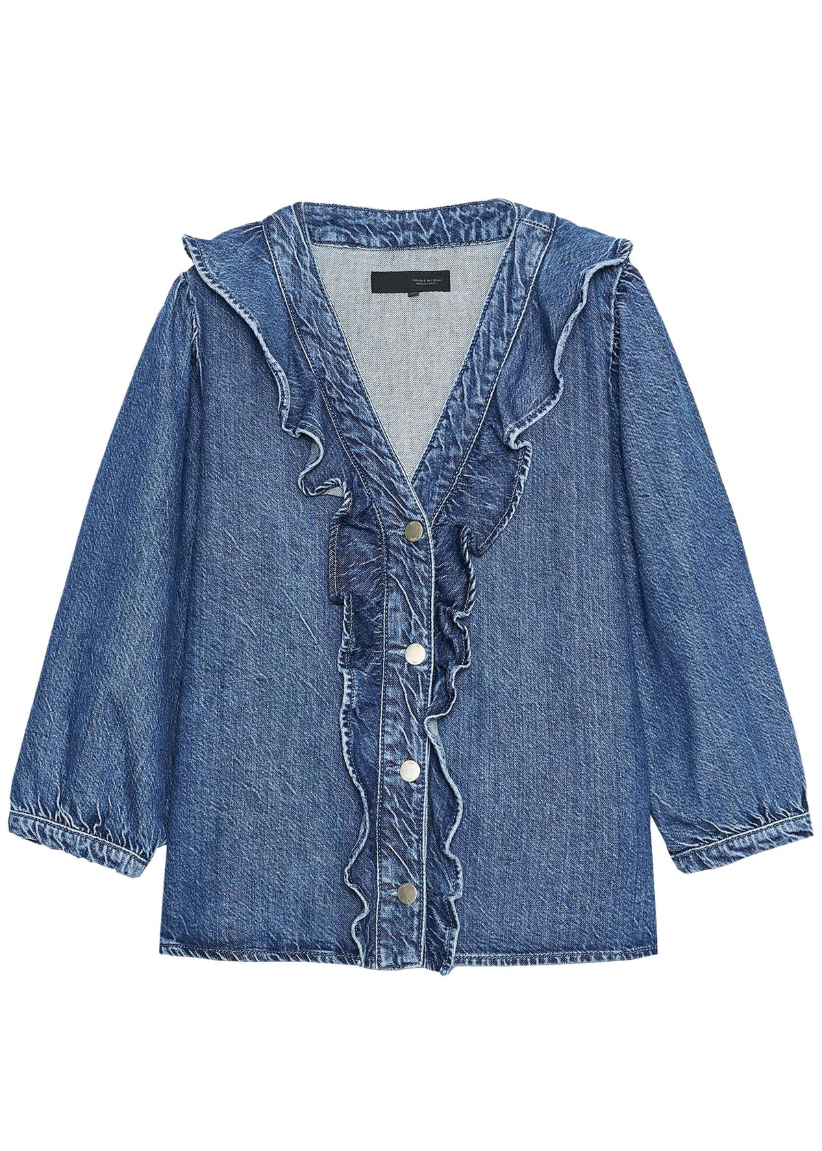 Dame Denimskjorte med V-hals og Volanger Langermet 4