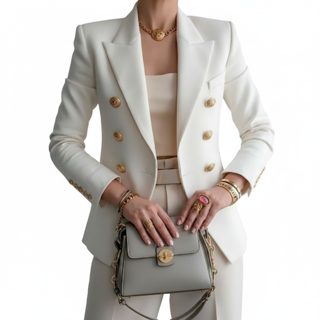Dame Dobbeltspent Blazer Med Gullknapper 0