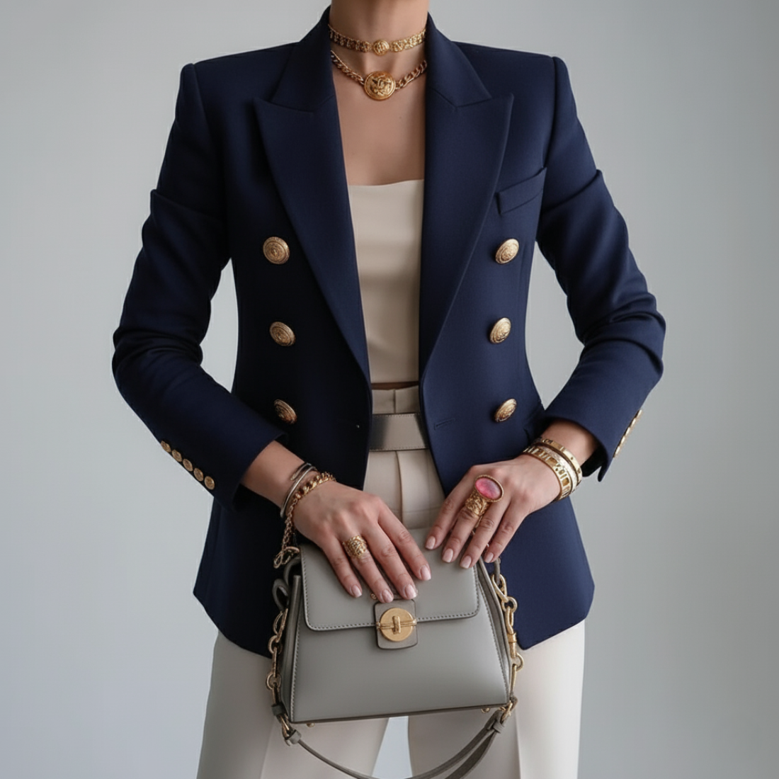 Dame Dobbeltspent Blazer Med Gullknapper 1