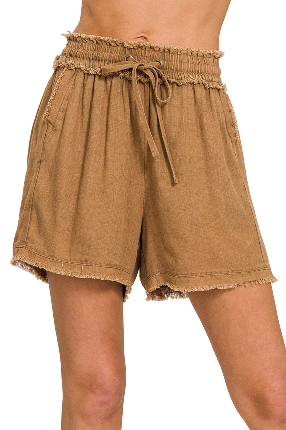 Dame Drawstring Shorts i Vasket Lin med Frayed Hem 0