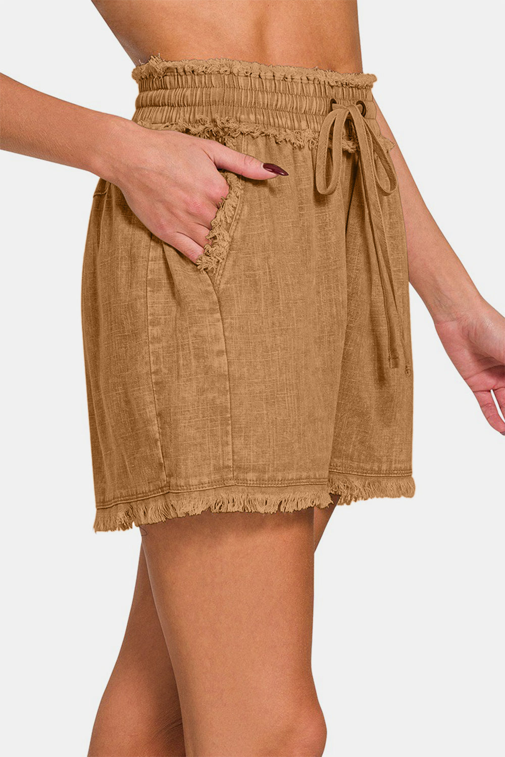 Dame Drawstring Shorts i Vasket Lin med Frayed Hem 2