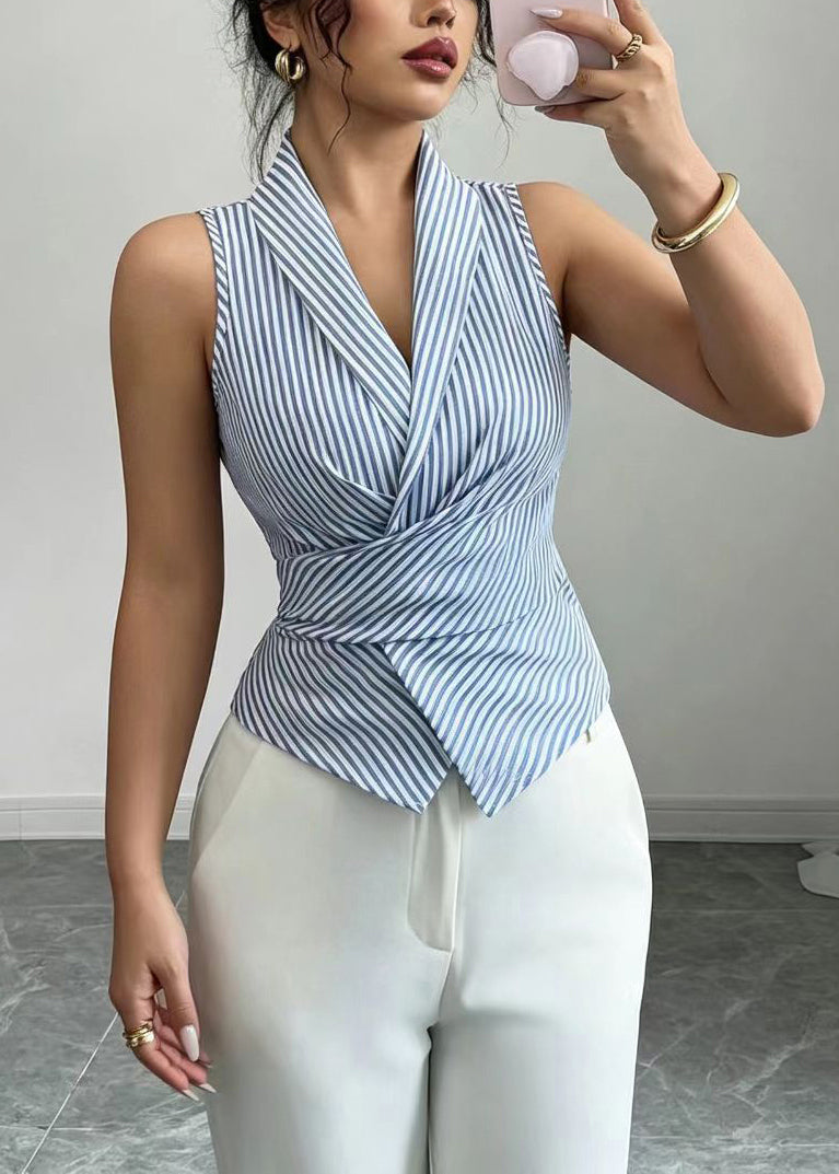 Dame Ermeløs Bluse V-hals Stripete Design 1