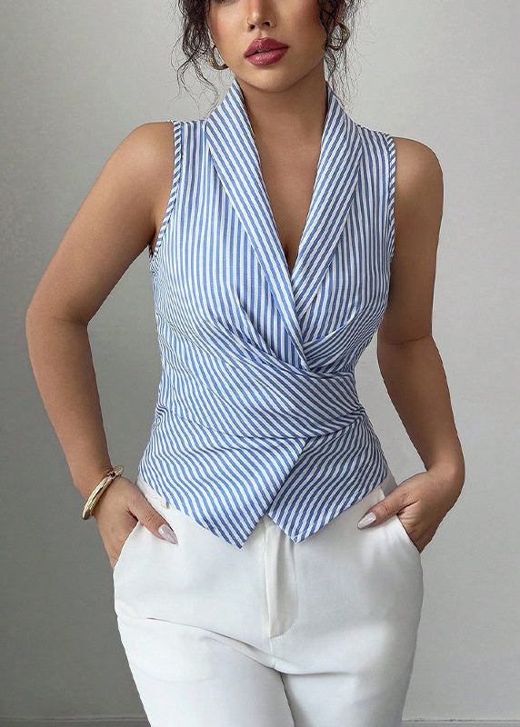 Dame Ermeløs Bluse V-hals Stripete Design 2