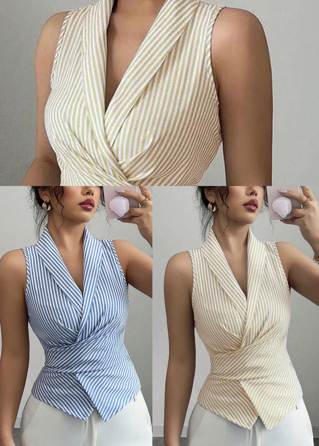 Dame Ermeløs Bluse V-hals Stripete Design 4