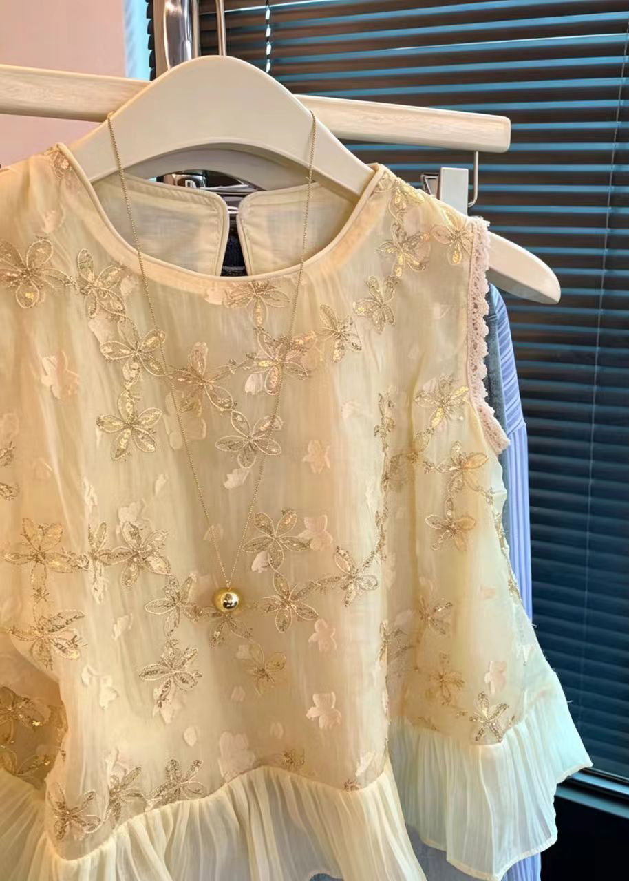 Dame Ermeløs Chiffonbluse med Paljettpatchwork 4
