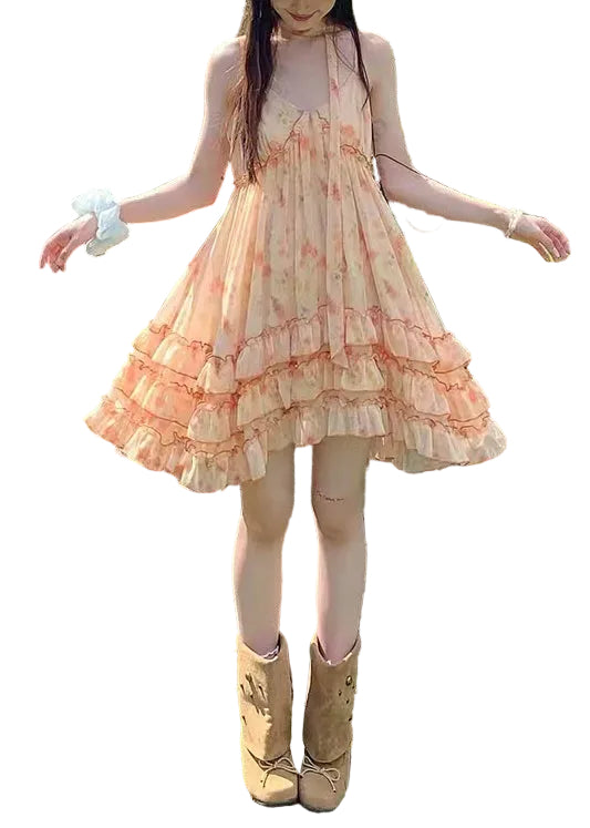 Dame Feriekjole med Oransje Print Chiffon 0