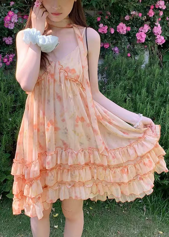 Dame Feriekjole med Oransje Print Chiffon 3