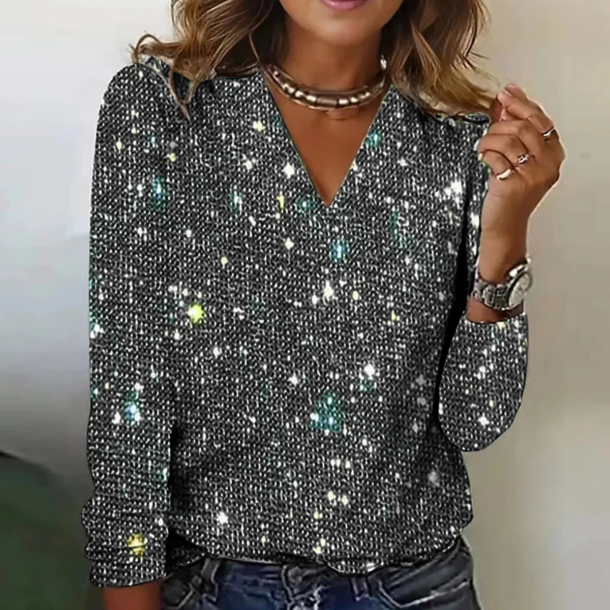 Dame Festbluse Med Paljetter Glamourøs Design 1