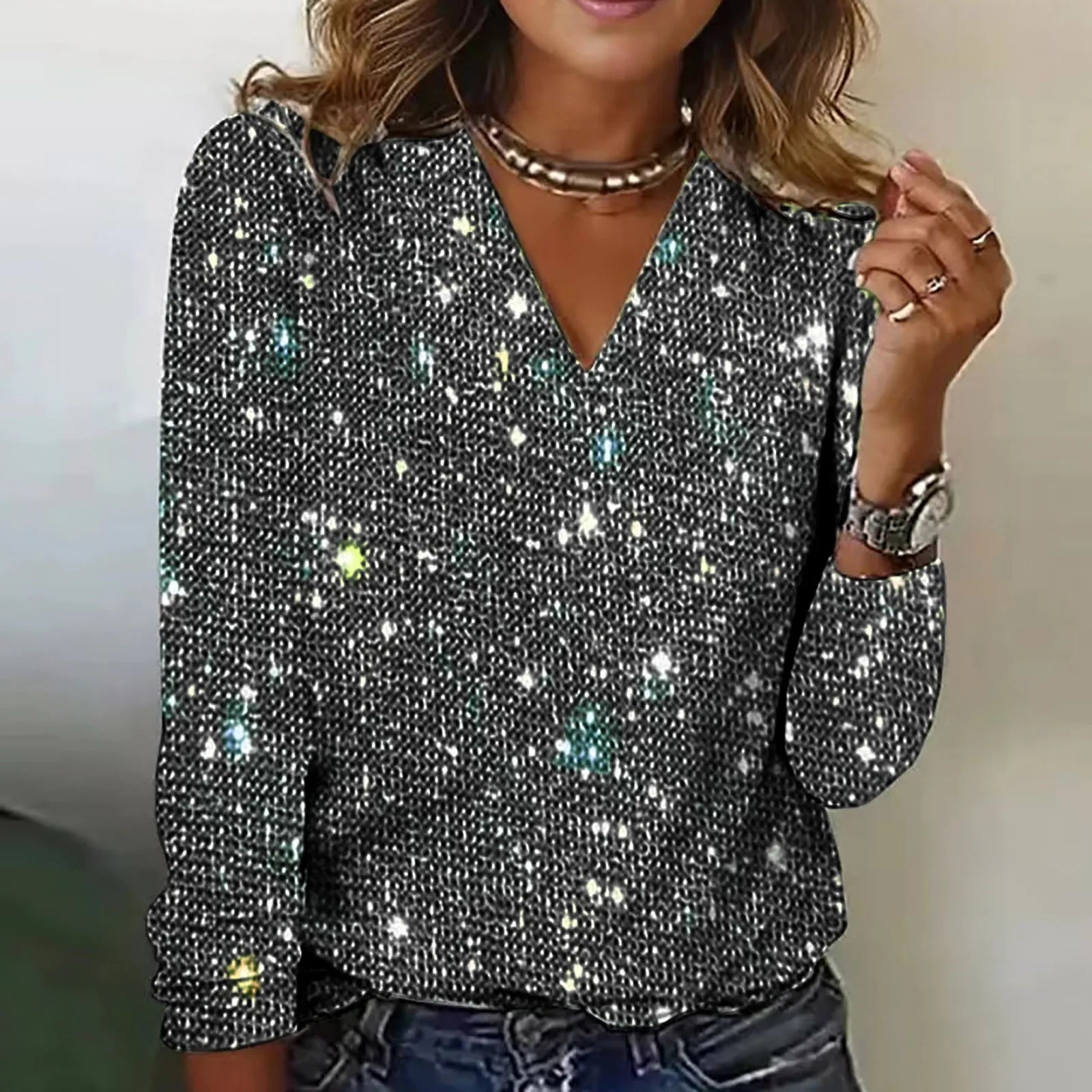 Dame Festbluse Med Paljetter Glamourøs Design 1