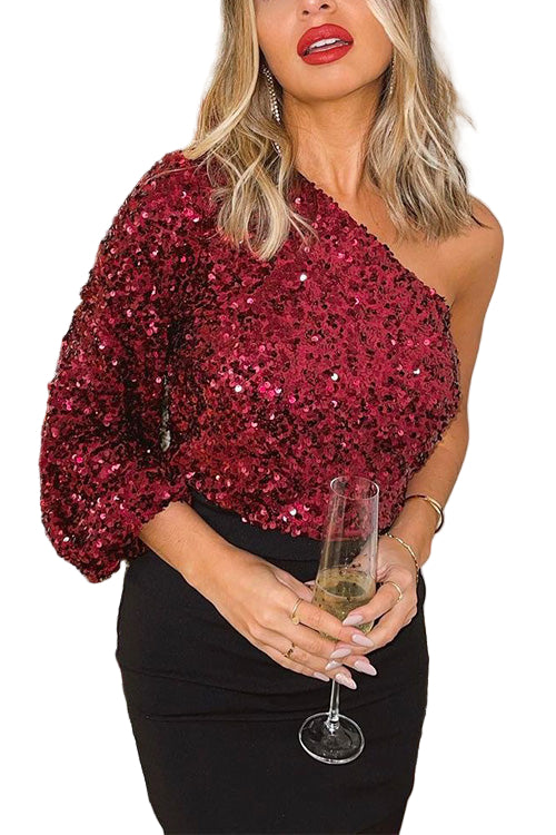 Dame Festtopper One Shoulder Med Paljetter 0