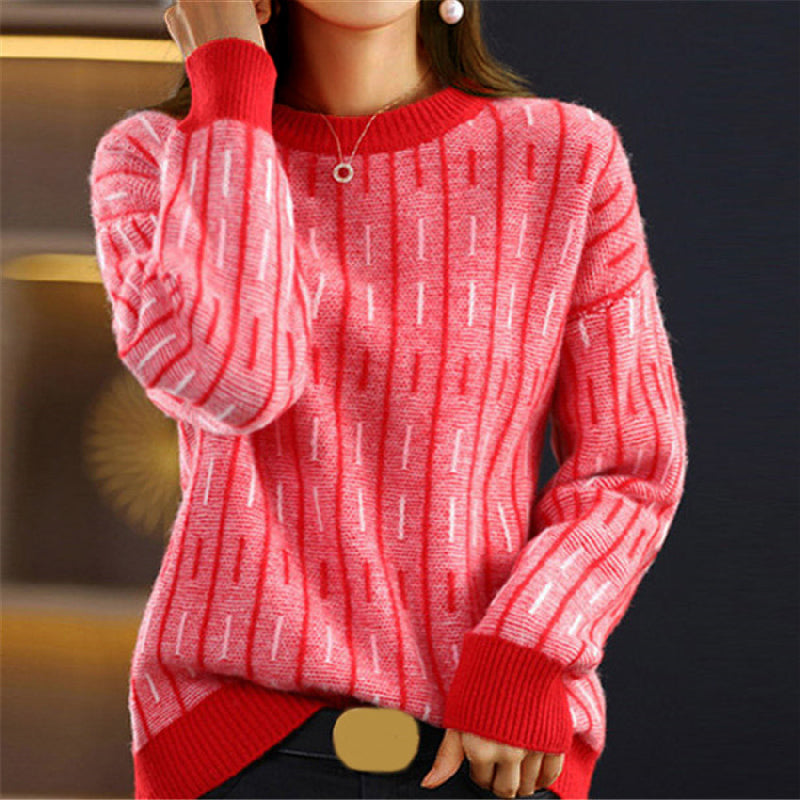 Dame Genser Crewneck med Geometrisk Mønster Avslappet Passform 2