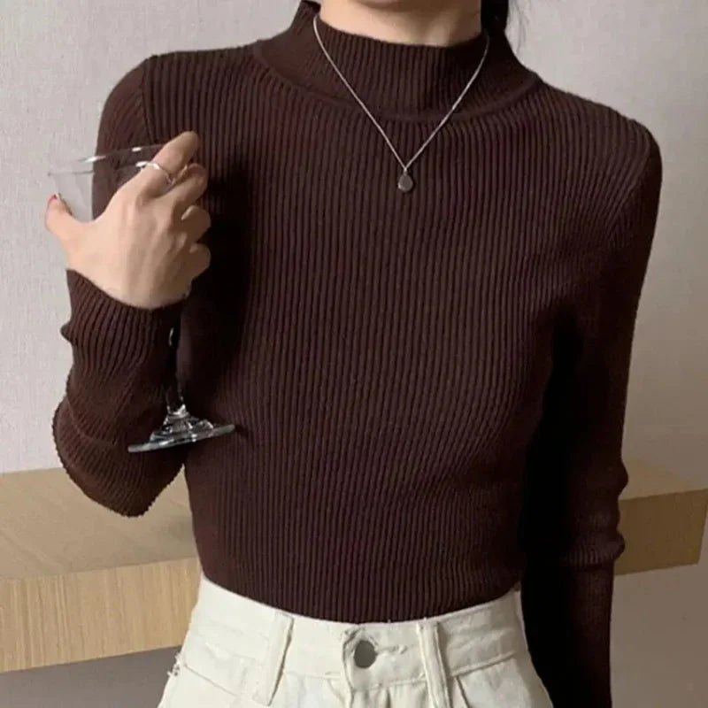 Dame Genser Pullover Mock Neck Strikket 9