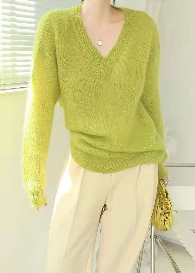 Dame Genser V-hals Fluorescerende Grønn Trendy 1