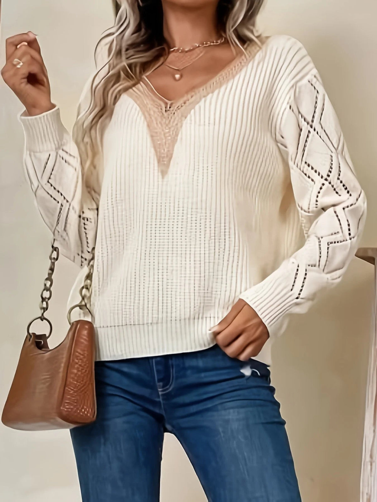 Dame Genser V-hals Heklet Med Draperte Blondermer 2