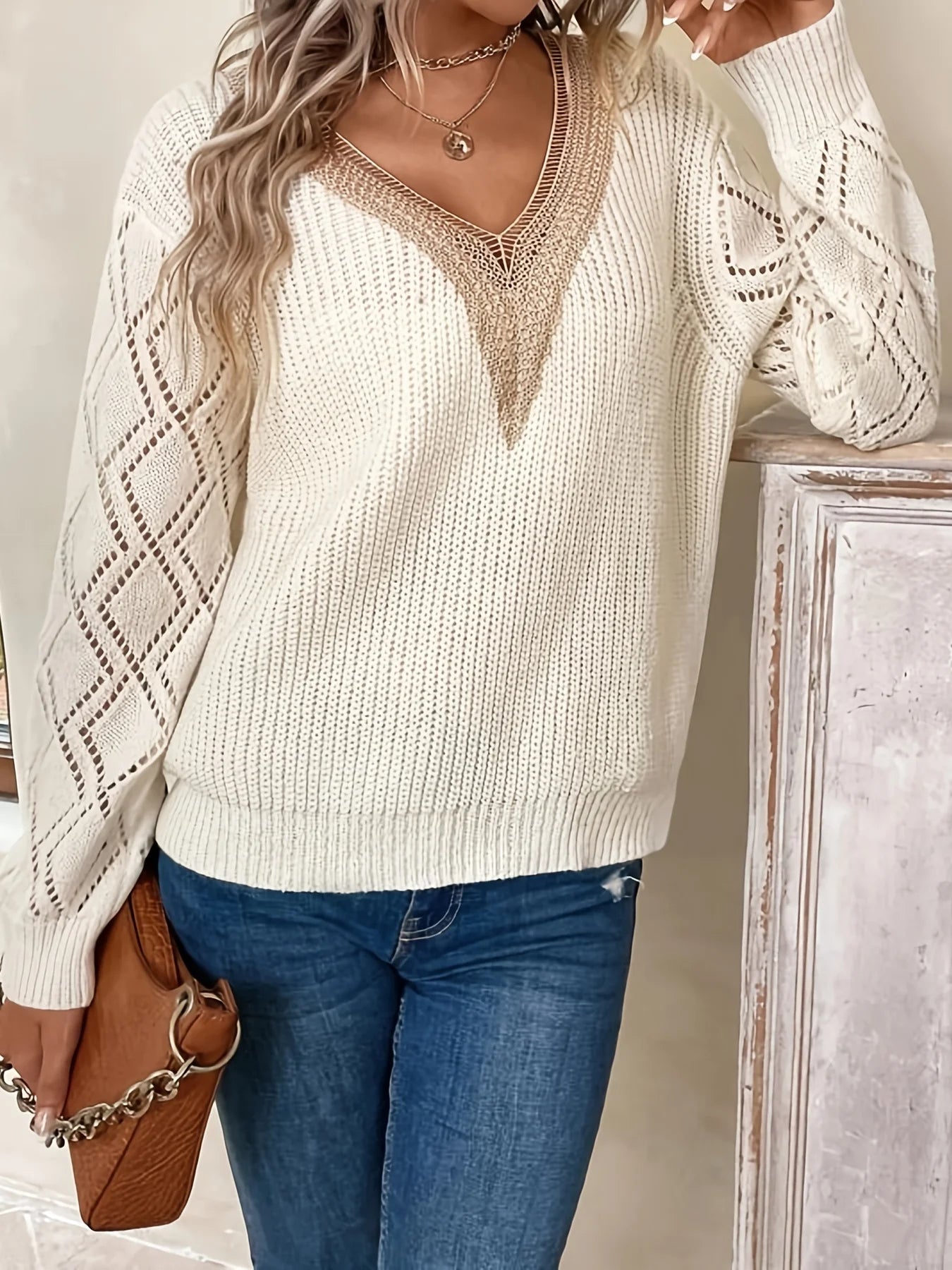 Dame Genser V-hals Heklet Med Draperte Blondermer 3