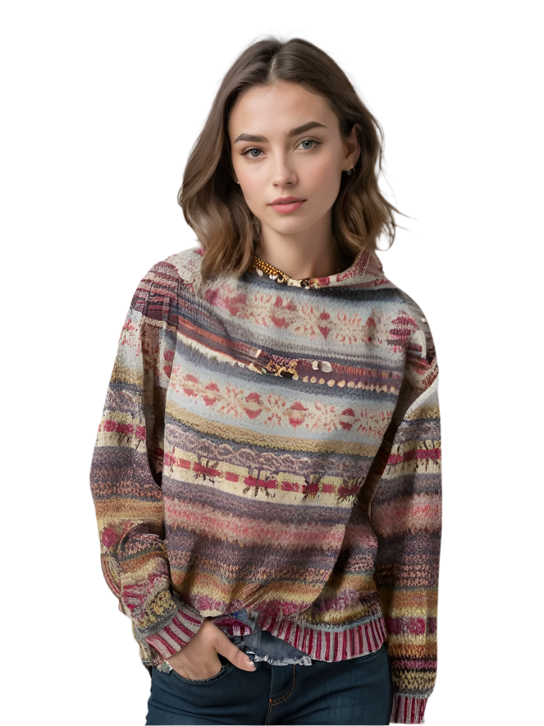 Dame Genser med Hette Multicolor Strikket 0