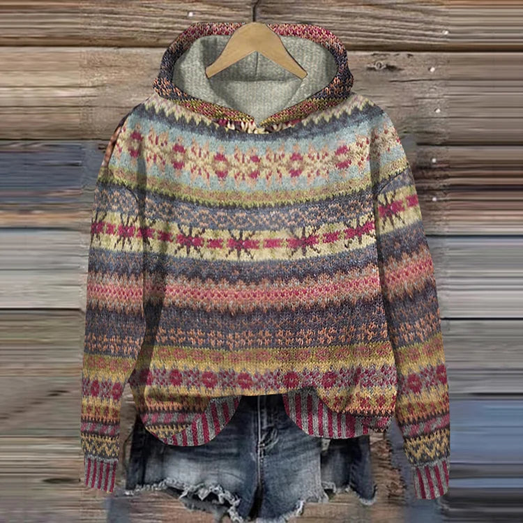 Dame Genser med Hette Multicolor Strikket 1