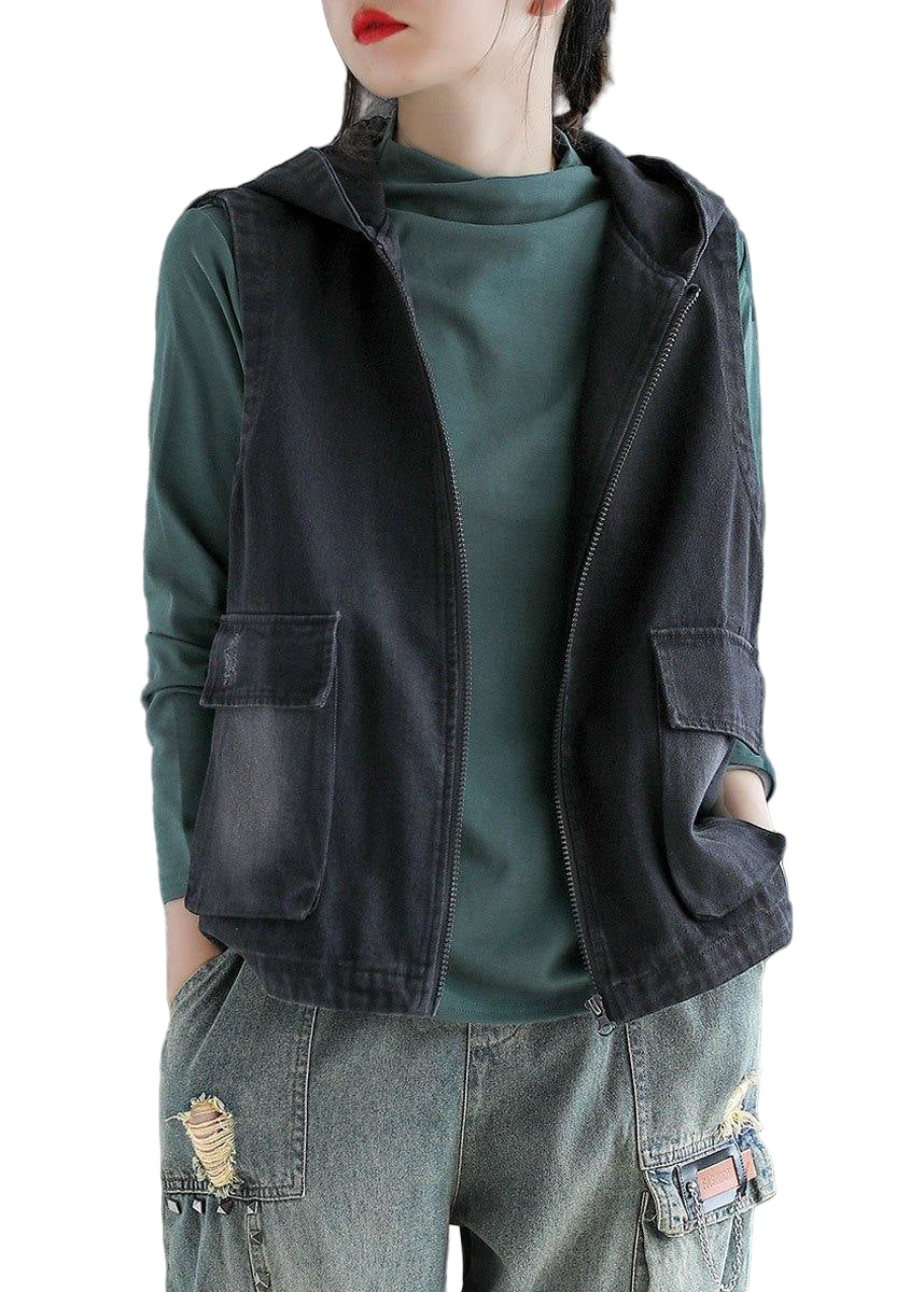 Dame Hette Vest i Svart Denim med Patchwork 0