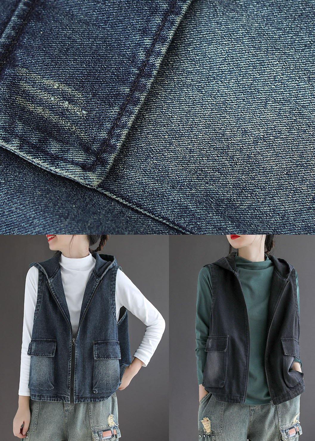 Dame Hette Vest i Svart Denim med Patchwork 4