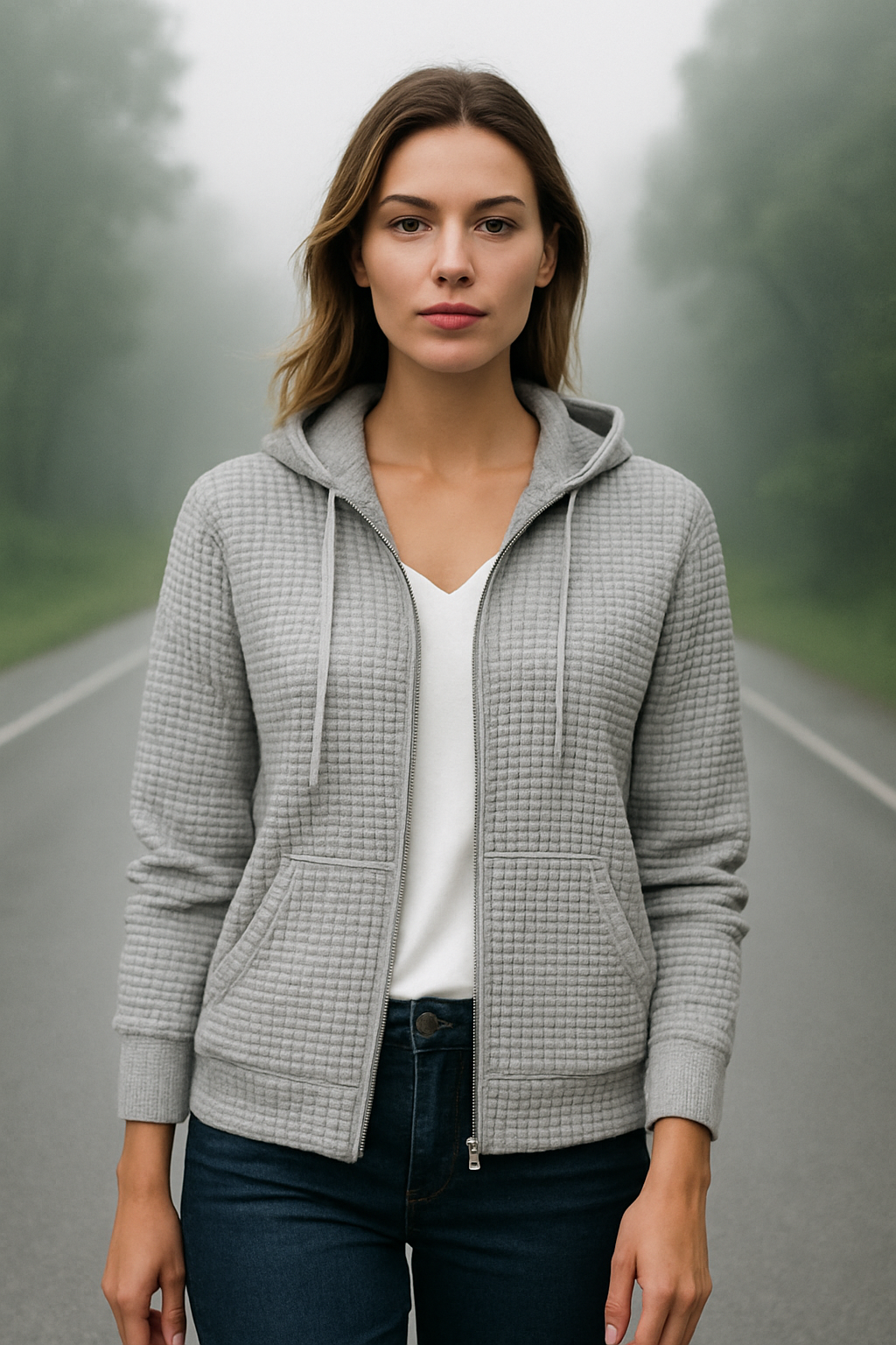Dame Hoodie Vest Waffle Struktur Myk Blandingsstoff 1