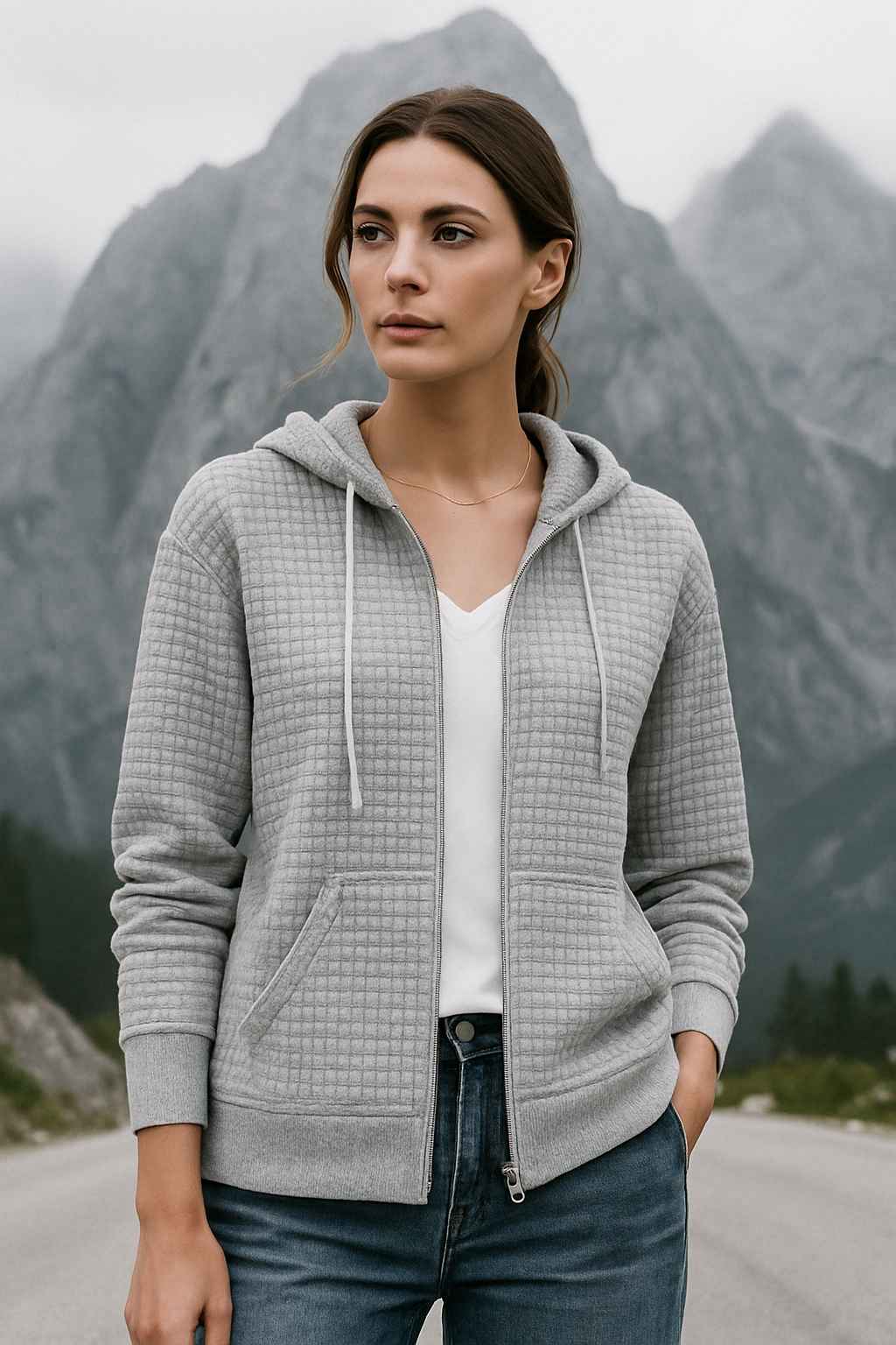 Dame Hoodie Vest Waffle Struktur Myk Blandingsstoff 2